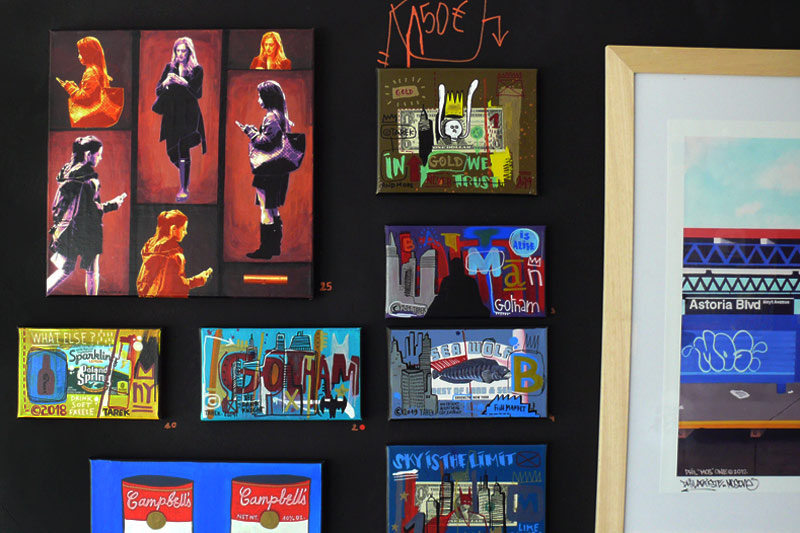 Pochoirs, collages, peinture ; Tarek transporte NY au coeur de la galerie. 